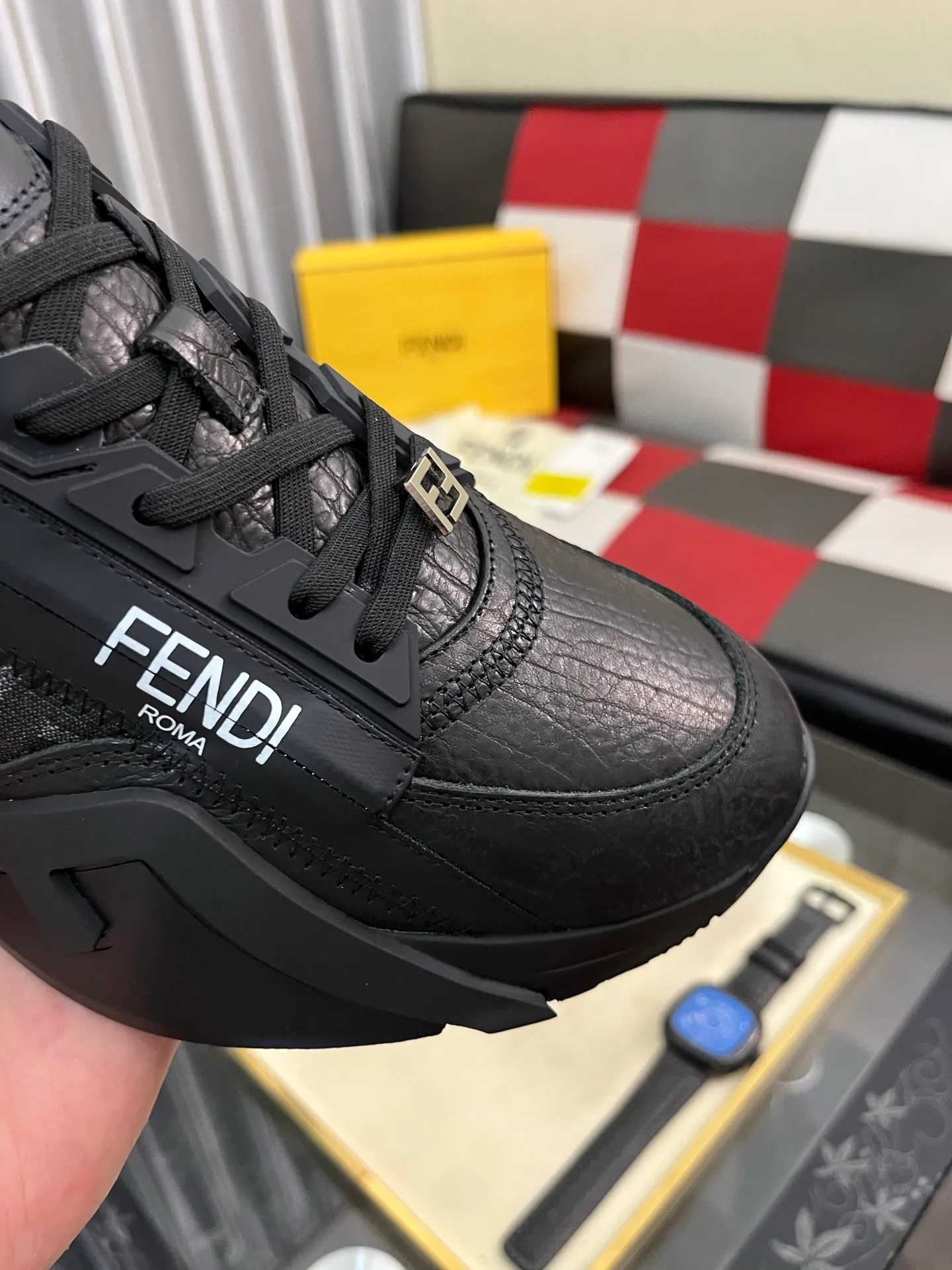 Men's shoes 💰620⌚️⌚️ FEND* — Fendi Flow men's casual sneakers, with elastic straps, side zippers, and corrugated soles engraved with F. Embossed Fendi Flow lettering on the heel. Made of technical fabric and a mix of blue and genuine leather. Decorated with Lycra® details. FF graphic tongue. Ultra-light and wear-resistant EVA sole. Code number: 38-44